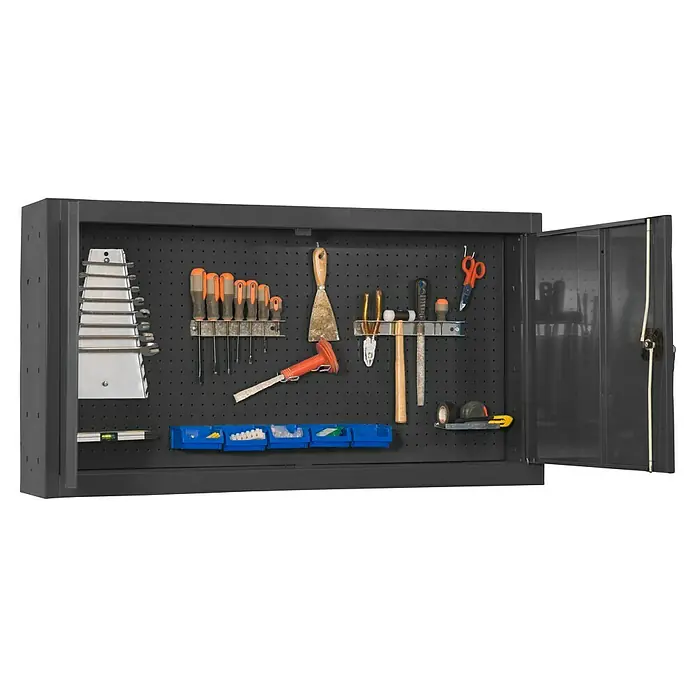 Simonrack Simonwork Armario para herramientas Cabinet Tools - An x Pr x Al: 90 x 27,5 x 65 cm, Antracita, Desmontado - Un armario de herramientas gris que contiene una variedad de herramientas, incluyendo llaves, destornilladores y alicates, bien organizados y colgados en el interior.
