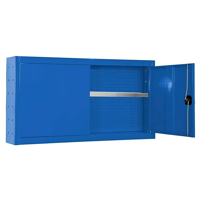 Simonrack Simonwork Armario para herramientas Cabinet Tools Shelf - Al x An x Pr: 55 x 90 x 27,5 cm, Azul, Completamente montado - Armario de herramientas azul de pared con panel perforado, puerta corredera y puerta abatible, ideal para taller.