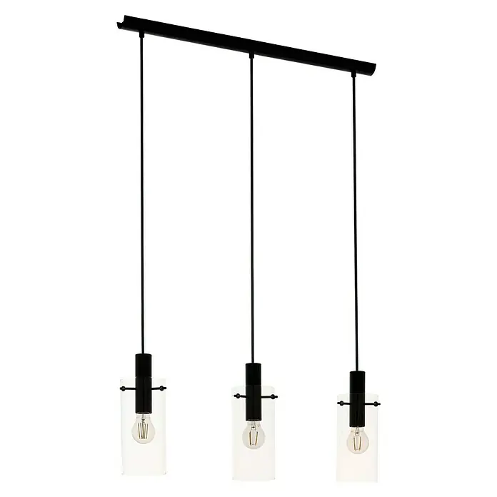 Eglo Lámpara colgante Montefino - Potencia máx. del sistema: 180 W, Número de bombillas: 3 ud. - Lámpara colgante negra de tres luces con cilindros de vidrio transparente y bombillas decorativas para iluminación elegante.
