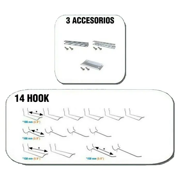 Simonrack Simonwork Kit de accesorios - 17 pzs., Específico para: Paneles perforados - Imagen del producto con 3 accesorios y 14 ganchos de diferentes tamaños, presentados en una disposición clara y organizada para el espectador.
