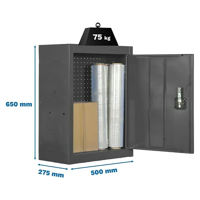 Simonrack Simonwork Armario para herramientas Cabinet Tools - Ancho: 50 cm, Antracita, Desmontado - Un armario de almacenamiento gris con puerta abierta, lleno de cajas y rollos de película, cargado con 75 kg. Las dimensiones son 650 mm de alto, 275 mm de ancho y 500 mm de profundidad.