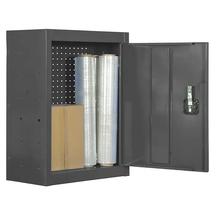 Simonrack Simonwork Armario para herramientas Cabinet Tools - Ancho: 50 cm, Antracita, Desmontado - Imagen de un armario de acero gris con una puerta abierta, lleno de material de embalaje y una caja de cartón.