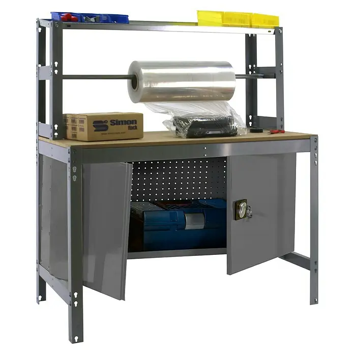 Simonrack Simonwork Werkbank BT4 Cabinet 900 - L x B: 76 x 91 cm, Arbeitshöhe: 144,5 cm, Belastbarkeit: 475 kg, Grau - Industrieller Werkstatttisch mit Werkzeug und Verpackungsmaterialien, ideal für Lager und Montage.