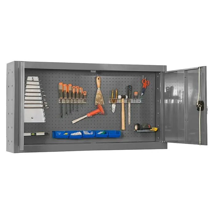 Simonrack Simonwork Armario para herramientas Cabinet Tools - An x Pr x Al: 90 x 27,5 x 65 cm, Gris, Desmontado - Armario de herramientas con un compartimento abierto y una variedad de herramientas, incluyendo destornilladores, llaves y alicates.