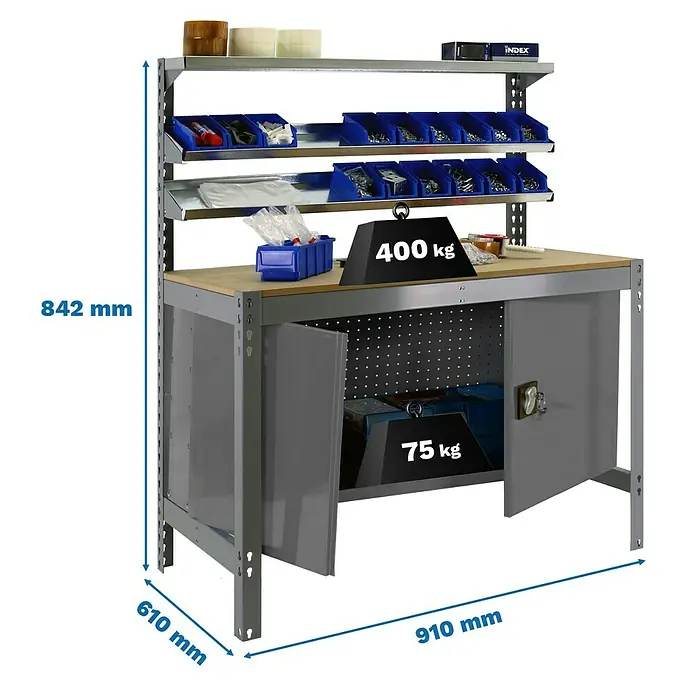 Simonrack Simonwork Werkbank BT1 Cabinet 900 - L x B: 61 x 91 cm, Arbeitshöhe: 84,2 cm, Belastbarkeit: 75 kg, Grau - Werkbank mit Ablage und Schrank, ideal für Werkstatt oder Garage. Mit Maßen von 842x910x610 mm.