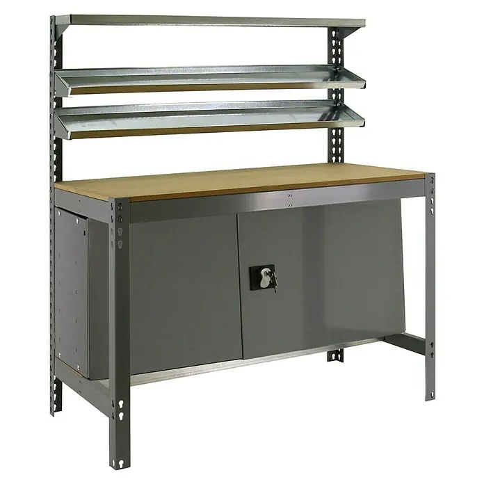 Simonrack Simonwork Werkbank BT1 Cabinet 1200 - L x B: 76 x 121 cm, Arbeitshöhe: 155,5 cm, Belastbarkeit: 75 kg, Grau - Werkbank mit Werkzeugschrank und Regalen. Ideal für Werkstätten und Garagen, bietet viel Stauraum und eine robuste Arbeitsfläche.