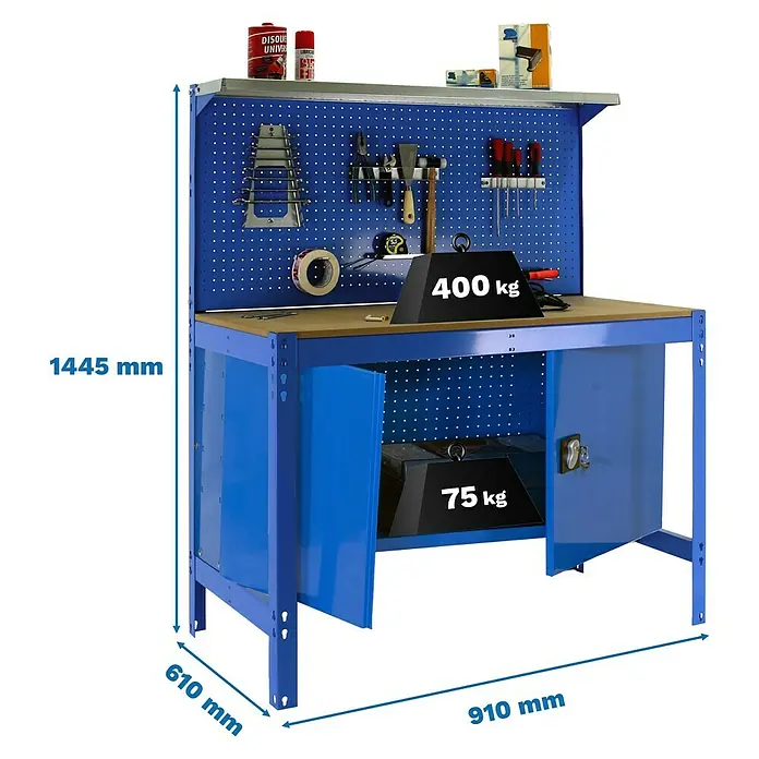Simonrack Simonwork Werkbank BT-3 Cabinet 900 - L x B: 61 x 91 cm, Arbeitshöhe: 144,5 cm, Belastbarkeit: 750 kg, Blau - Werkbank mit Werkzeugwand, robust und praktisch für Werkstattarbeiten. Ideal für Ordnung und effizientes Arbeiten.