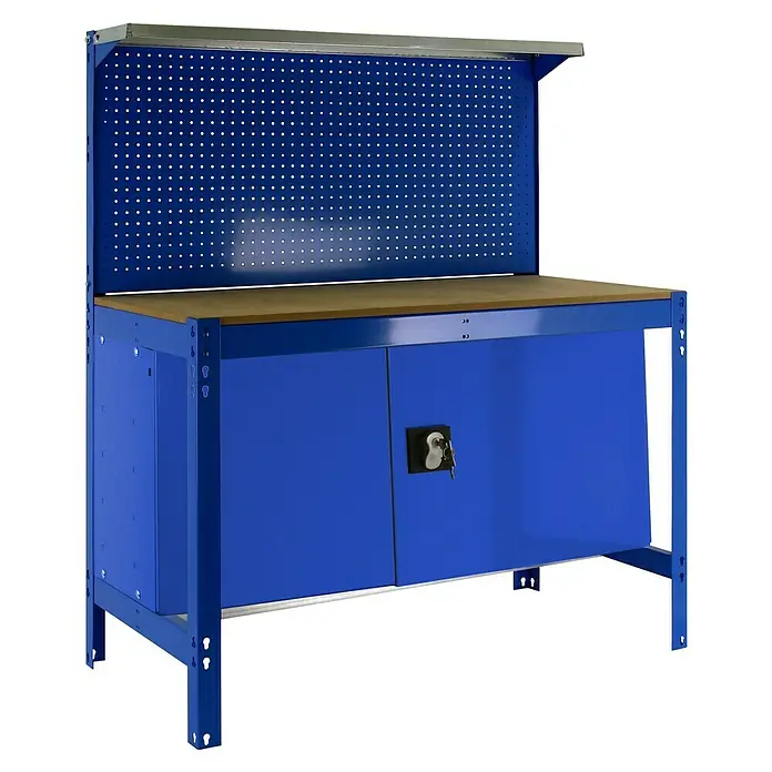 Simonrack Simonwork Werkbank BT-3 Cabinet 1200 - L x B: 61 x 121 cm, Arbeitshöhe: 144,5 cm, Belastbarkeit: 750 kg, Blau - Blauer Werkzeugtisch mit Holzplatte, Lochwand und abschließbaren Schränken zur Werkzeugaufbewahrung. Ideal für Werkstätten und Hobbyräume.