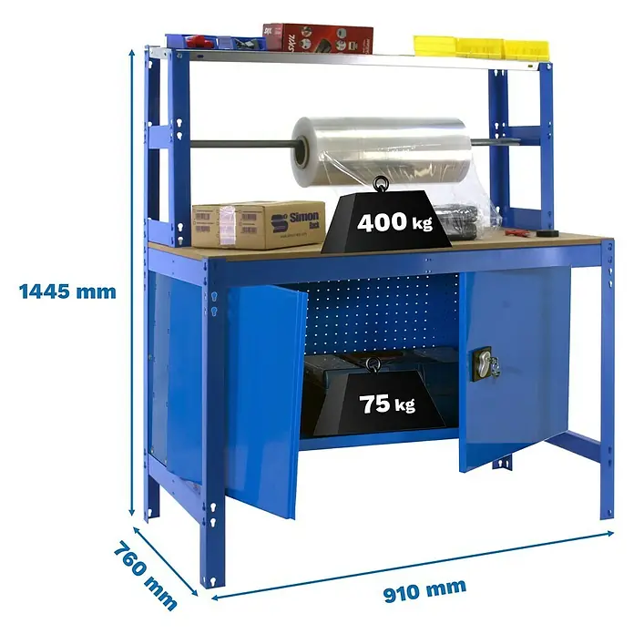 Simonrack Simonwork Werkbank BT4 Cabinet 900 - L x B: 76 x 91 cm, Arbeitshöhe: 144,5 cm, Belastbarkeit: 475 kg, Blau - Produktbild eines blauen Werkzeugtisches mit den Maßen 1445 mm Höhe, 760 mm Tiefe und 910 mm Breite, belastet mit Gewichten.