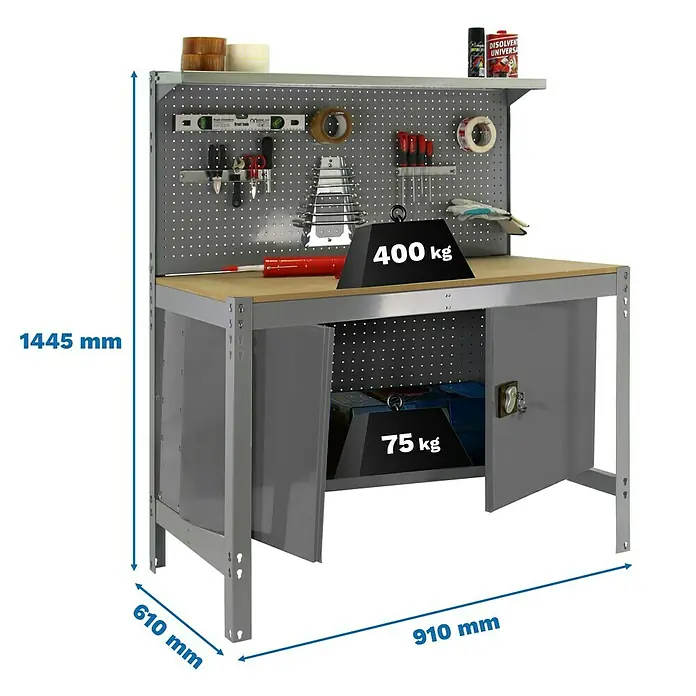 Simonrack Simonwork Werkbank BT-3 Cabinet 900 - L x B: 61 x 91 cm, Arbeitshöhe: 144,5 cm, Belastbarkeit: 750 kg, Grau - Werkbank mit Lochwand und Schrank, belastbar mit 400kg auf der Arbeitsplatte und 75kg im Schrank, ideal für Werkstatt und Hobbyraum.