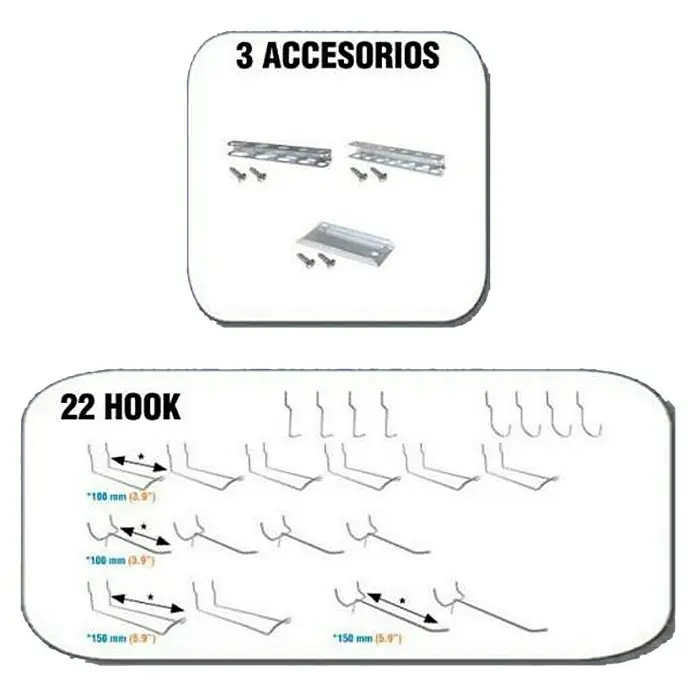 Simonrack Simonwork Kit de accesorios - 25 pzs., Específico para: Paneles perforados - La imagen muestra un conjunto de 22 ganchos y 3 accesorios, ideal para organizar herramientas y objetos en el taller o garaje.