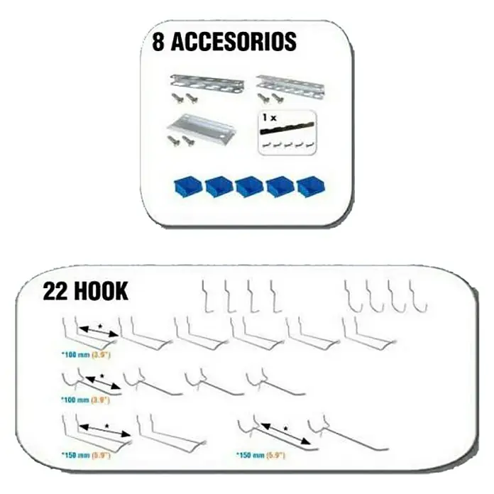 Simonrack Simonwork Kit de accesorios - 30 pzs., Específico para: Paneles perforados - La imagen muestra un conjunto con 8 accesorios y 22 ganchos de varios tamaños para taller o garaje.