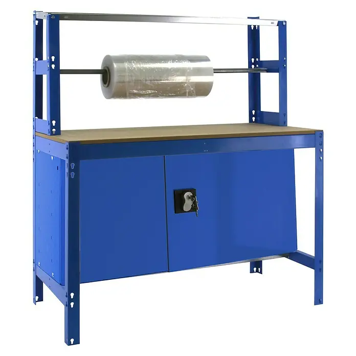 Simonrack Simonwork Werkbank BT4 Cabinet 900 - L x B: 76 x 91 cm, Arbeitshöhe: 144,5 cm, Belastbarkeit: 475 kg, Blau - Blaue Werkbank mit Holzplatte, Rollenhalterung und abschließbarem Schrank für Werkstatt oder Lager, ideal für Verpackungsarbeiten.