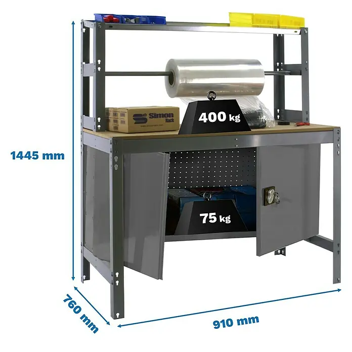 Simonrack Simonwork Werkbank BT4 Cabinet 900 - L x B: 76 x 91 cm, Arbeitshöhe: 144,5 cm, Belastbarkeit: 475 kg, Grau - Metallwerkbank mit Regalaufbau und Schränken. Die Werkbank hat eine Höhe von 1445 mm, eine Breite von 910 mm und eine Tiefe von 760 mm.
