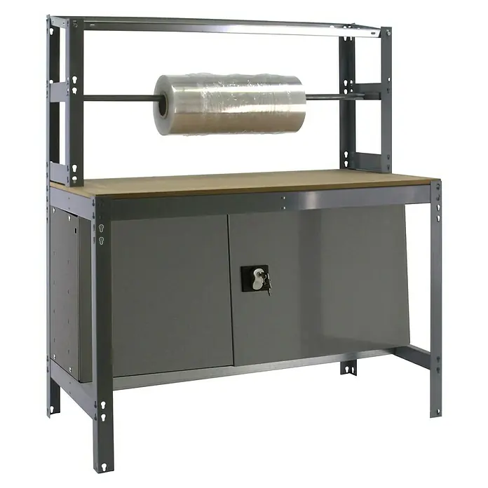 Simonrack Simonwork Werkbank BT4 Cabinet 900 - L x B: 76 x 91 cm, Arbeitshöhe: 144,5 cm, Belastbarkeit: 475 kg, Grau - Der Verpackungstisch mit Rollenhalter ist ein praktischer Arbeitsplatz. Die robuste Konstruktion ist ideal für Lager und Versand.