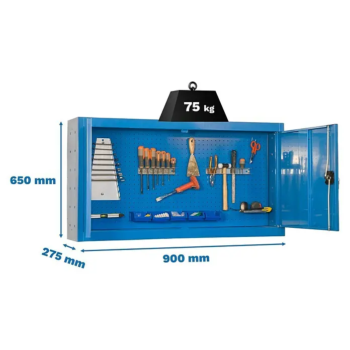Simonrack Simonwork Armario para herramientas Cabinet Tools - An x Pr x Al: 90 x 27,5 x 65 cm, Azul, Desmontado - Imagen de un armario de herramientas azul con herramientas colgadas en la pared, indicaciones de tamaño y un peso de 75 kg.