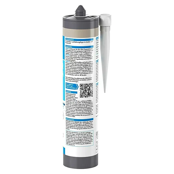 Knauf Sanitär-Silikon - Sandgrau, 300 ml - Graue Sanitär-Silikonkartusche mit weißer Düse.