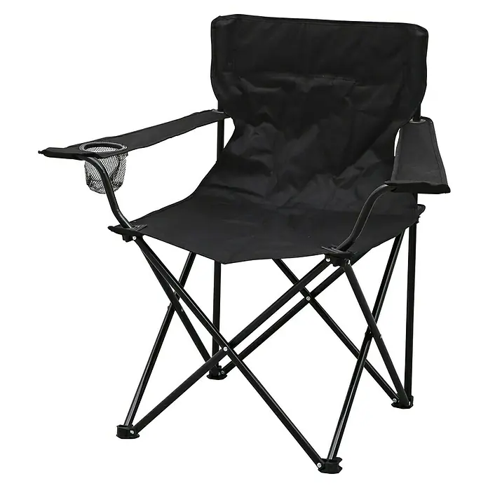 Campingstuhl - Klappbar, Schwarz, B x T x H: 52 x 52 x 80 cm - Schwarzer Faltstuhl mit Armlehnen und Getränkehalter, ideal für Camping und Outdoor-Aktivitäten. Praktisch und leicht zu transportieren.