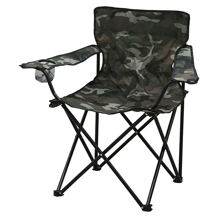 Campingstuhl - Klappbar, Camouflage, B x T x H: 52 x 52 x 80 cm - Ein faltbarer Campingstuhl mit Armlehnen und Getränkehalter, ideal für Outdoor-Aktivitäten. Er ist in Tarnfarben gehalten und leicht zu transportieren.