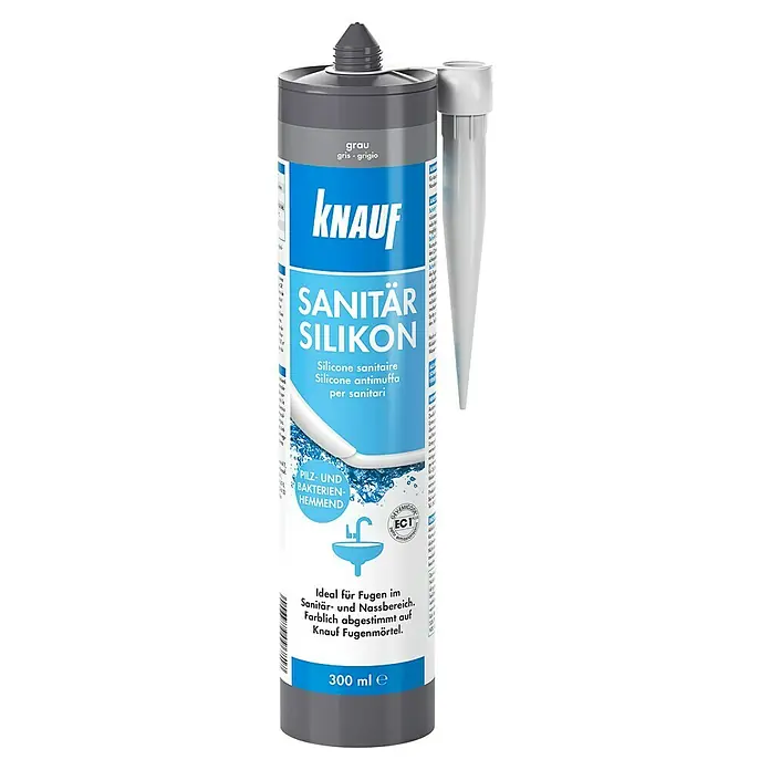 Knauf Sanitär-Silikon - Grau, 300 ml - Knauf Sanitär Silikon, graue Sanitärsilikonkartusche für den Einsatz in Feuchträumen und Nassbereichen.
