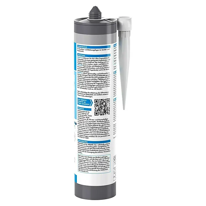 Knauf Sanitär-Silikon - Zementgrau, 300 ml - Bild einer Kartusche Knauf Sanitär-Silikon, ideal für Anschluss- und Dehnungsfugen im Bad. Die Kartusche ist grau und weiß.