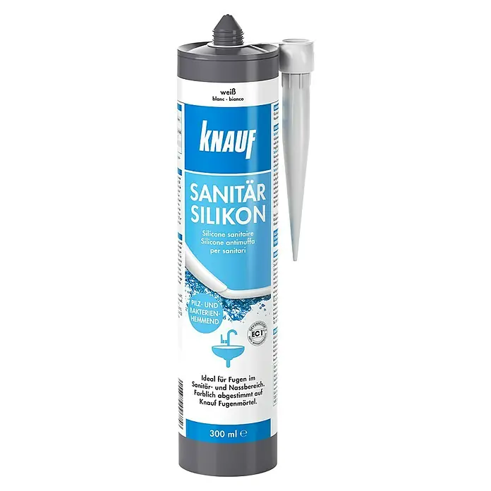 Knauf Sanitär-Silikon - Weiß, 300 ml - Abbildung einer Kartusche Knauf Sanitär Silikon, ideal für Feuchträume, mit Anti-Schimmel- und Bakterien-Formel für langanhaltende Sauberkeit.
