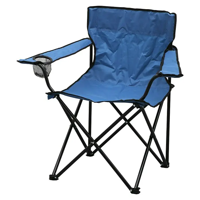 Campingstuhl - Klappbar, Blau, B x T x H: 52 x 52 x 80 cm - Abbildung eines blauen Campingstuhls mit Getränkehalter. Der Stuhl hat einen schwarzen Rahmen und ist zusammenklappbar.