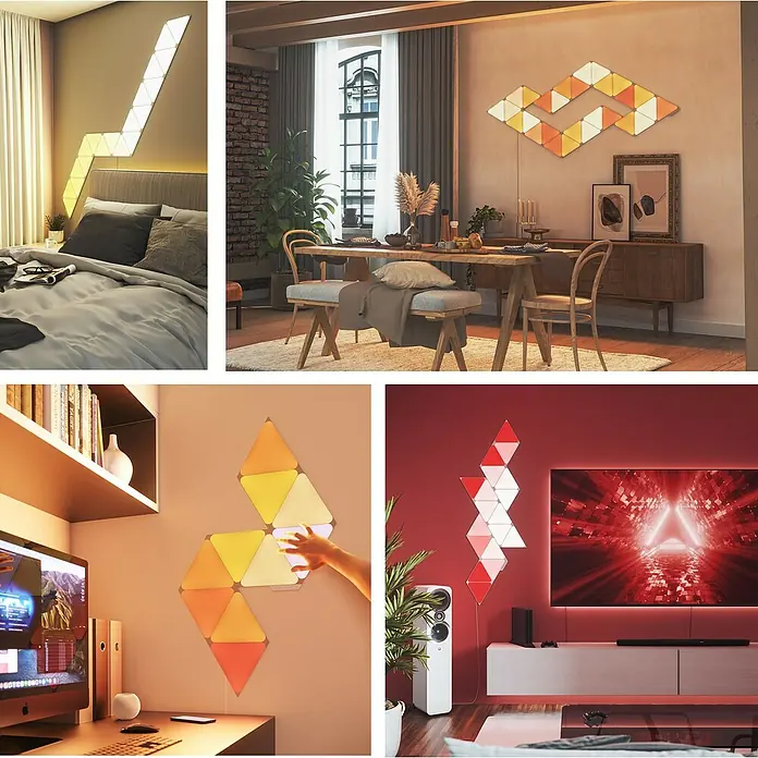 Nanoleaf Erweiterungskit Shapes Triangles 3 Panels - Weiß, RGBW, Triangles, Smart Home-fähig: Ja - Wandpaneel-Leuchten: Moderne, dreieckige Nanoleaf-Panels in verschiedenen Farben und Mustern für stimmungsvolle Beleuchtung.