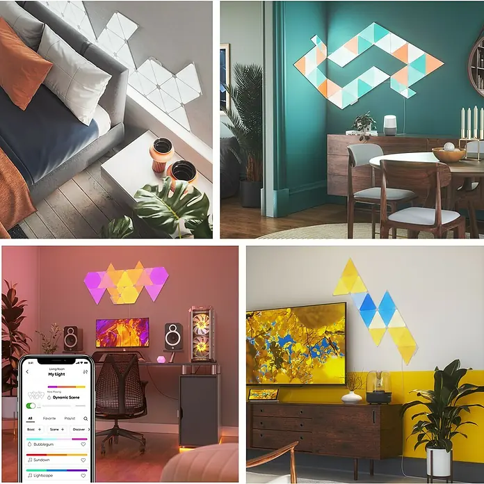 Nanoleaf Starterkit Shapes Triangles 15 Panels - 15 Stk., Weiß, RGBW, Triangles, Smart Home-fähig: Ja - Verschiedene Ansichten von Nanoleaf-Lichtern, die in einem Schlafzimmer, einem Esszimmer und einem Spielzimmer installiert sind.