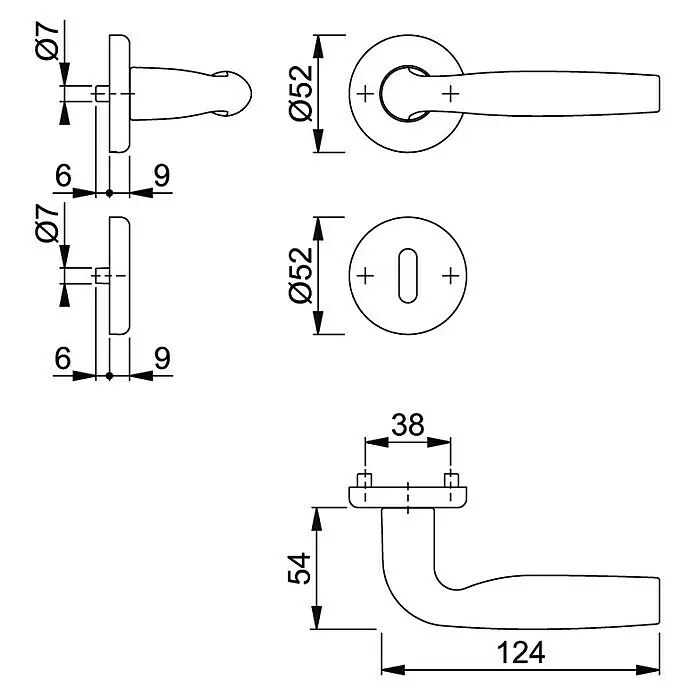 Hoppe WC-Drückergarnitur Milos - Stärke Tür: 37 mm - 42 mm, Aluminium, Buntbart - Technische Zeichnung eines Türdrückergarnitur mit Hebel und Rosette, mit Maßen und Ansichten.