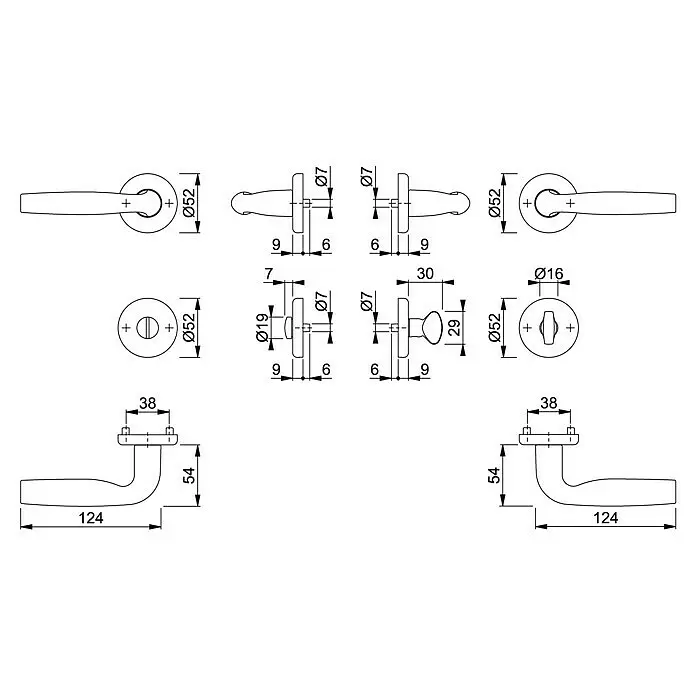 Hoppe WC-Drückergarnitur Milos WC - Stärke Tür: 37 mm - 42 mm, Aluminium, Schlitzkopf/Olive - Detaillierte technische Zeichnung eines Türbeschlags-Sets mit Griff, Knauf und Rosetten, inklusive Maßen.