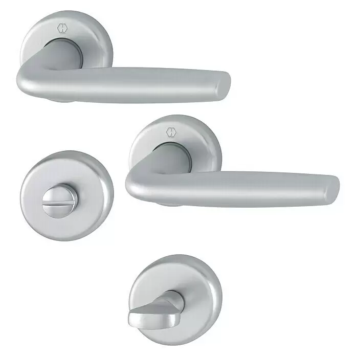 Hoppe WC-Drückergarnitur Milos WC - Stärke Tür: 37 mm - 42 mm, Aluminium, Schlitzkopf/Olive - Set aus gebürsteten silbernen Türgriffen und Badschloss, inklusive Drücker, Schlitz-Notentriegelung und Drehknauf.