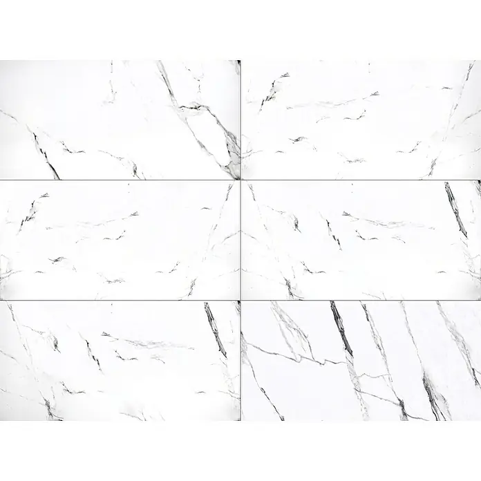 Feinsteinzeugfliese Marmi Statuario120 x 240 cm, Weiß, Glänzend - Nahaufnahme von sechs weißen Marmorfliesen mit grauen Maserungen, die ein elegantes und modernes Design zeigen.