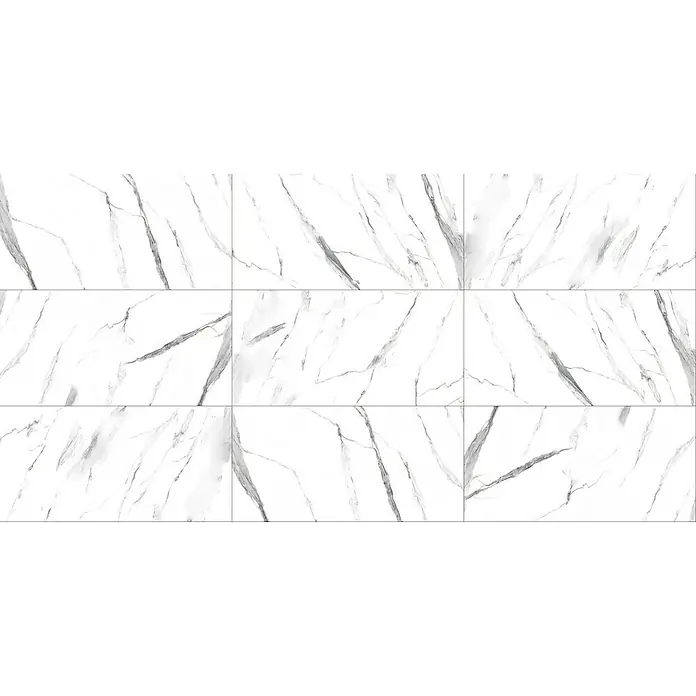 Feinsteinzeugfliese Marmi Statuario - 60 x 120 cm, Weiß, Glänzend - Neun Marmorfliesen mit einem eleganten, weißen Hintergrund und zarten, grauen Adern, ideal für moderne Innenräume.