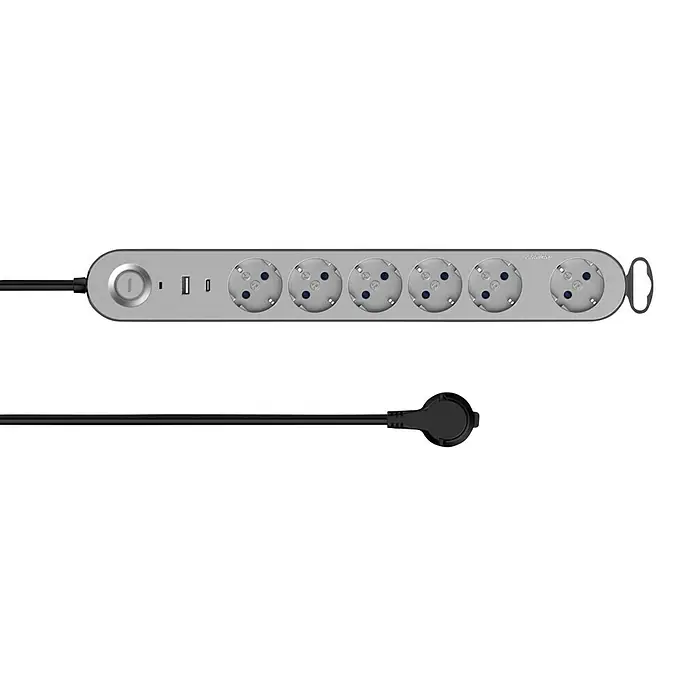 UniTEC Steckdosenleiste Greenline - 6-fach, Silber/Anthrazit, Kabellänge: 1,8 m, Mit Schalter - Silberfarbene Steckdosenleiste mit sechs Steckplätzen, einem Schalter und einem USB-Anschluss, ideal für den flexiblen Einsatz von elektronischen Geräten.