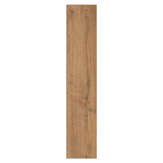 LOGOCLIC Vinto Laminat Vinto Herringbone - Oberon Oak, Landhausdiele, 630 x 126 x 8 mm - Nahaufnahme einer einzelnen, länglichen, hellbraunen Holzfliese mit Maserung.