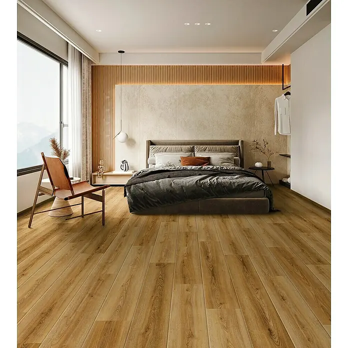 Krono Original Laminat Organic Veneer Parquet - Oak Schönbrunn, Landhausdiele, 1.383 x 244 x 8,5 mm - Einladendes Schlafzimmer mit hellem Holzboden, der Wärme und Eleganz ausstrahlt und dem Raum eine natürliche Note verleiht.