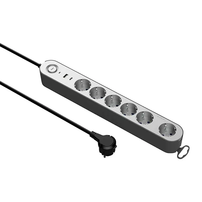 UniTEC Steckdosenleiste Greenline - 6-fach, Silber/Anthrazit, Kabellänge: 1,8 m, Mit Schalter - Eine Mehrfachsteckdose mit sechs Steckplätzen, USB-Anschlüssen und einem langen Kabel. Ideal für Zuhause oder das Büro.