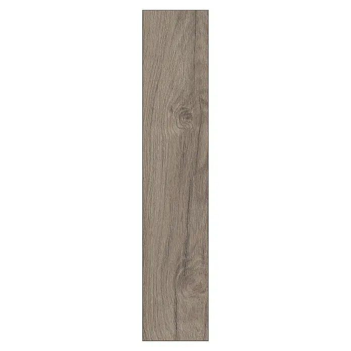 Krono Original Laminat Herringbone - Rutherford Oak, Fischgrät, 630 x 126 x 8 mm - Nahaufnahme einer einzelnen rechteckigen Holzfliese in warmen Grautönen mit sichtbarer Maserung und einem Astloch.