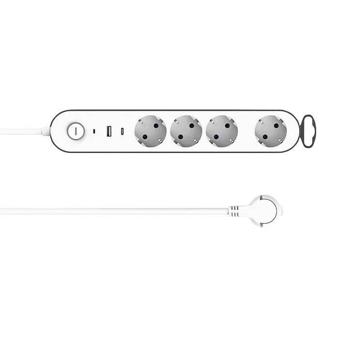 UniTEC Steckdosenleiste Greenline - 4-fach, Weiß/anthrazit, Kabellänge: 1,8 m, Mit Schalter - Eine weiße Steckdosenleiste mit vier Steckdosen, zwei USB-Anschlüssen und einem runden Stecker mit weißem Kabel.