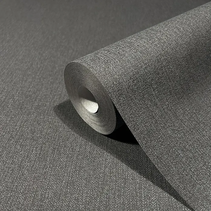 Marburg GZSZ Vliestapete - Schwarz, Uni, 10,05 x 0,53 m - Graue Vinyltapete mit Leinenstruktur auf einer Rolle. Die perfekte Wandgestaltung für ein modernes Ambiente im Wohnbereich.