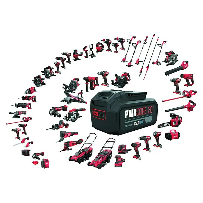 Skil PWRCore 20V Akku-Exzenterschleifer 3745 CA20 V, Ohne Akku, Durchmesser Schleifteller: 125 mm - Eine vielfältige Sammlung von SKIL PWRCore 20™ Elektrowerkzeugen, darunter Bohrmaschinen, Sägen und Rasenmäher, alle mit einem Akku betrieben.