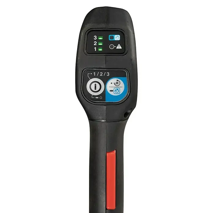 Makita XGT 40V max. Akku-Freischneider UR006GZ06 - 40 V, Ohne Akku, Schnittbreite Faden: 43 cm, Schnittbreite Messer: 25,5 cm - Nahaufnahme des Bedienelements eines Elektrowerkzeugs mit diversen Knöpfen und Anzeigen.