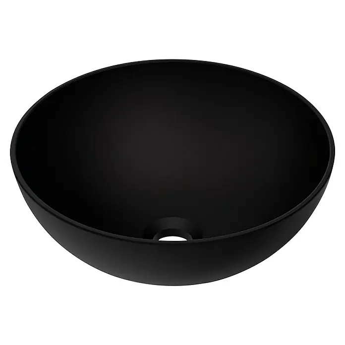 Lavabo de sobremesa Xana - Ø x Al: 36 x 14,5 cm, Sin desbordamiento, Negro - Vista de un lavabo sobre encimera redondo negro con un desagüe central, ideal para diseños de baño modernos.