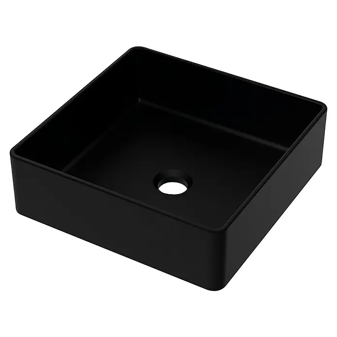 Lavabo de sobremesa Jade - 36 x 36 cm, Sin desbordamiento, Negro - Lavabo de encimera cuadrado negro con bordes redondeados y orificio de desagüe central, ideal para un diseño moderno de baño.