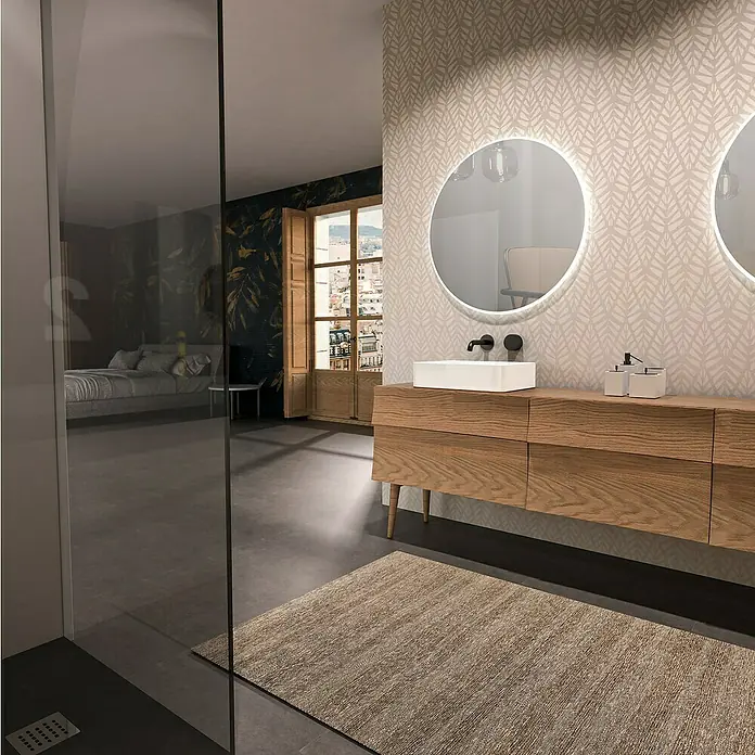 Lavabo de sobremesa Vega - 47 x 36 cm, Sin desbordamiento, Blanco - Un baño con tocador de madera, espejos redondos y una alfombra elegante. Diseño luminoso y acogedor con elementos modernos.