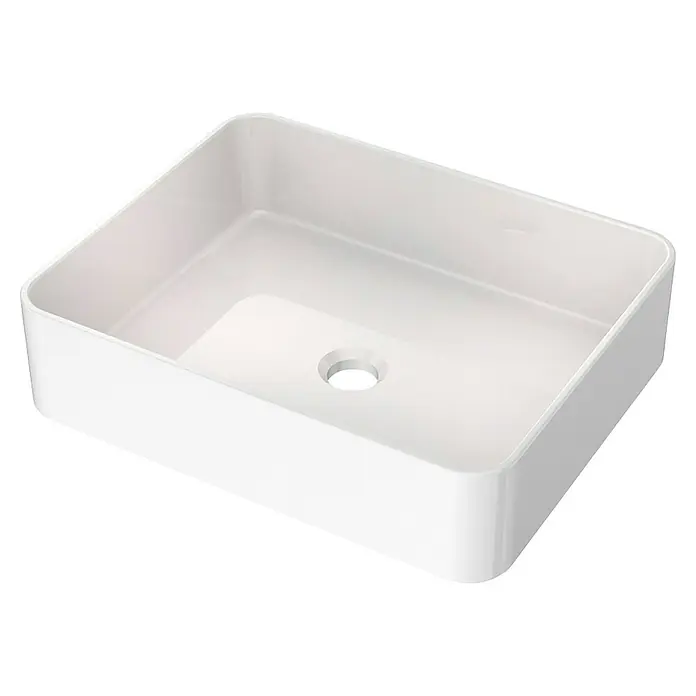 Lavabo de sobremesa Vega - 47 x 36 cm, Sin desbordamiento, Blanco - Primer plano de un moderno lavabo sobre encimera rectangular en blanco brillante, destacando su elegante diseño minimalista.