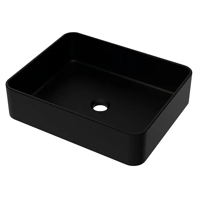 Lavabo de sobremesa Vega - 47 x 36 cm, Sin desbordamiento, Negro - Producto: Un moderno lavabo de encimera rectangular negro con un orificio de desagüe central.