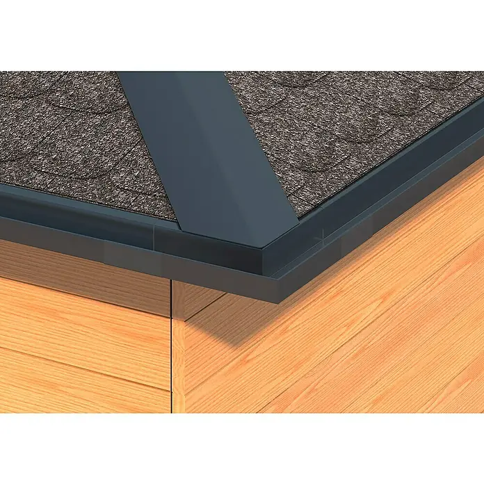 Sarei Piccolo Kastenrinnenwinkel - Nennweite: 70 mm, Außenecke, Aluminium, Anthrazit - Nahaufnahme einer grauen Dachrinne mit Holzverkleidung und Schindeln.