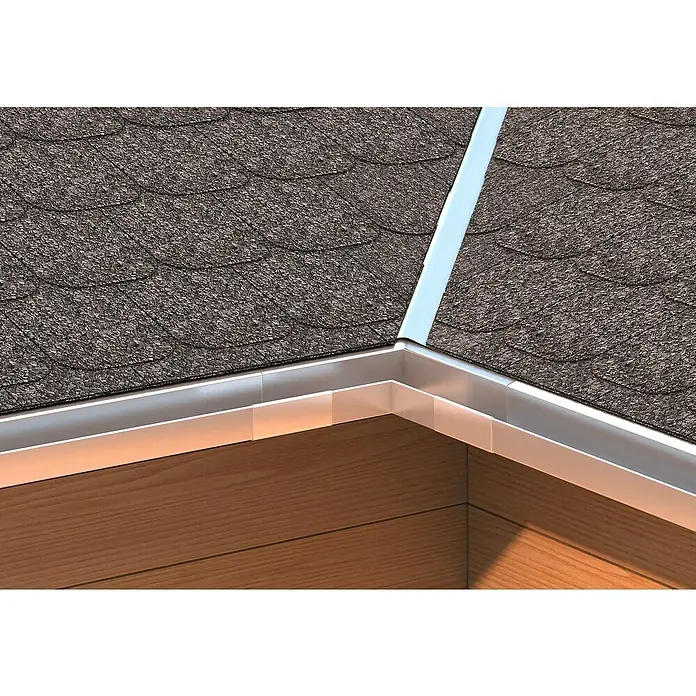 Sarei Piccolo Kastenrinnenwinkel - Nennweite: 70 mm, Innenecke, Aluminium, Silber - Nahaufnahme einer Dachrinne mit Dachschindeln. Diese Rinne leitet Regenwasser effektiv ab und schützt das Haus vor Feuchtigkeit.